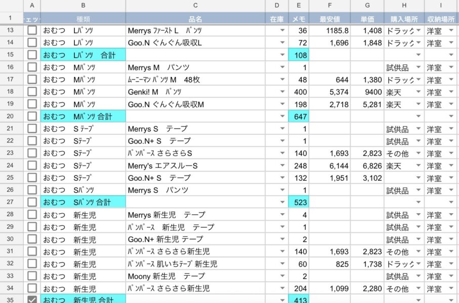 ベビー用品在庫管理表